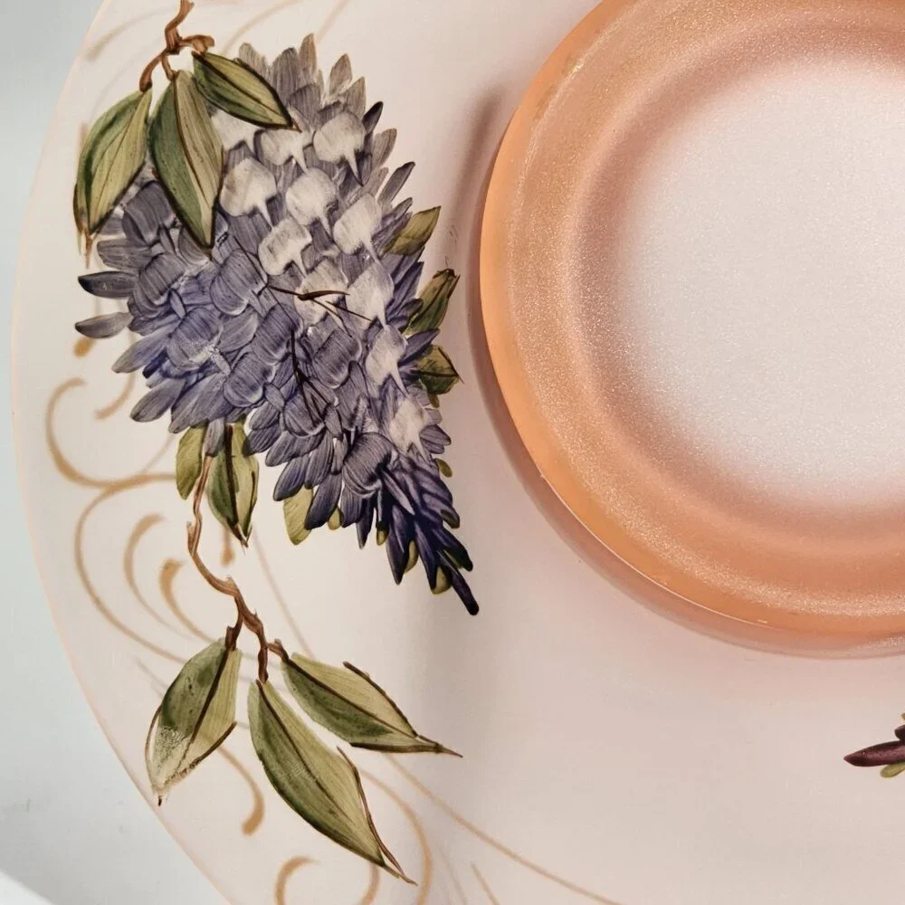 Pink Frosted Glass Bowl Hand Painted Purple Lavender Floral w/Gold Accents VTG